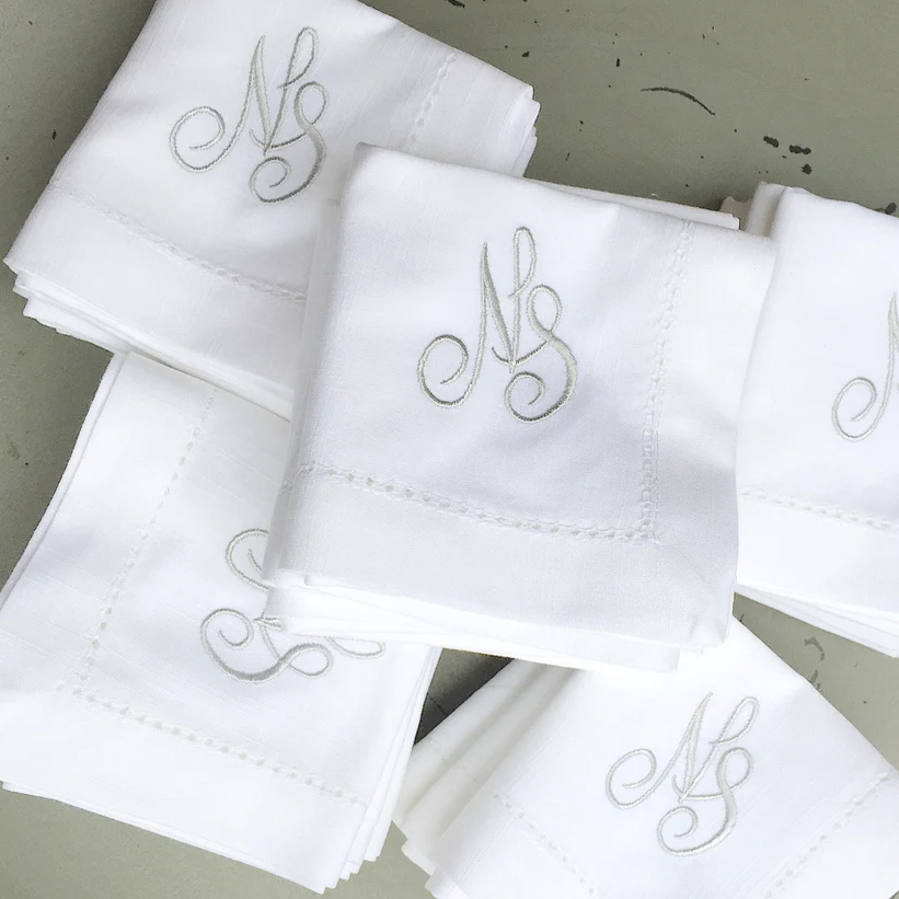 200 Bulk Wedding Monogrammed Cloth Napkins – White Tulip Embroidery