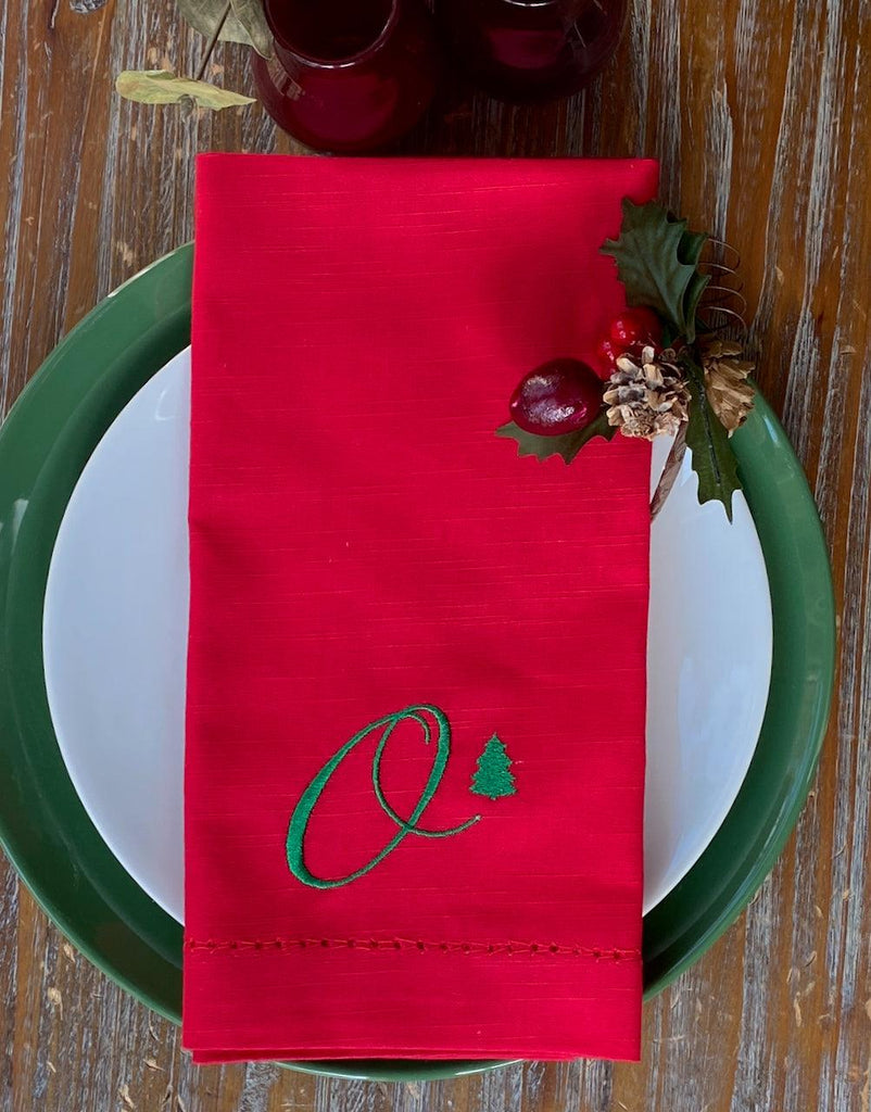 Nomi K Red-Hand Embroidered Peacock Napkin - 24, Table Linens Napkins