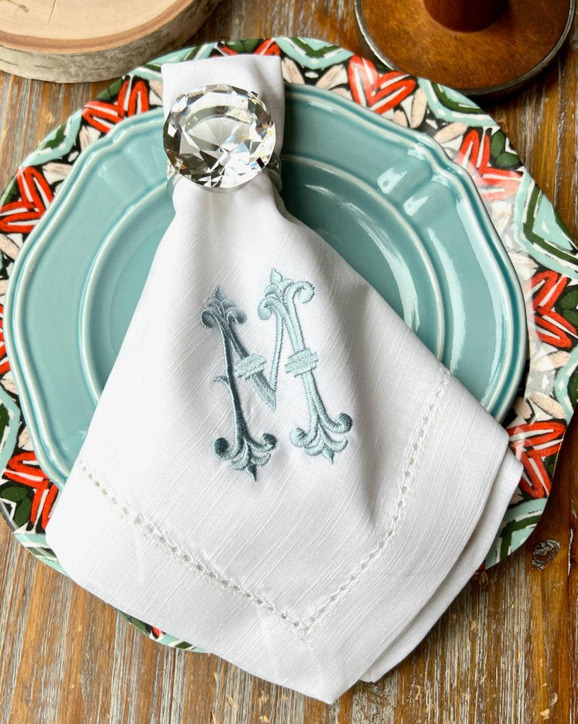 Monogrammed White Dinner Napkins - Happy Thoughts Gifts