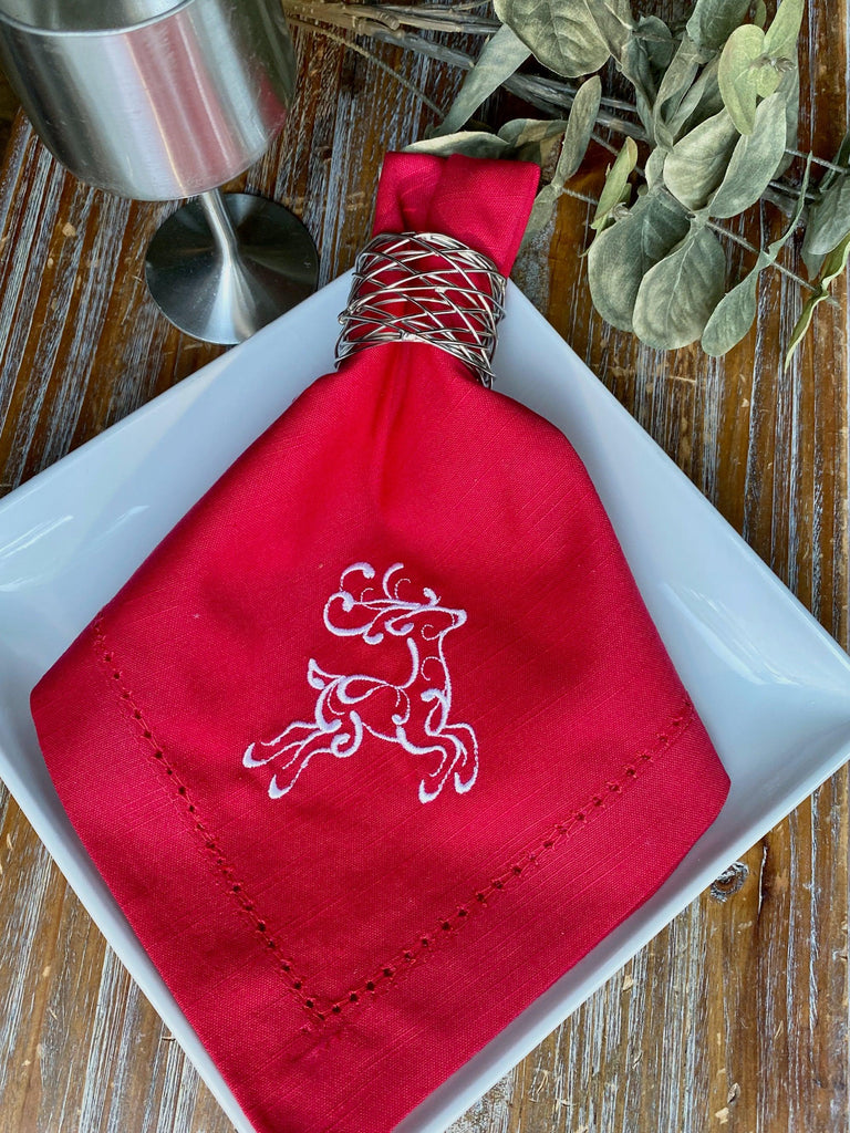 Christmas Linen Napkins - Red 18 x 18 inch, Set of 4 Hemstitch Dinner Napkins Cloth with Embroidered Dot - Christmas Cloth Napkins Handmade from