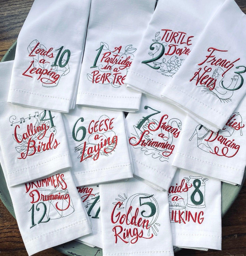 Twelve Days of Christmas Embroidered Cloth Napkins, Set of 12