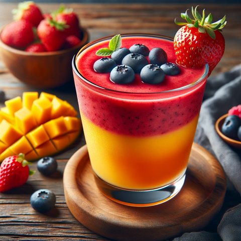 Create an image of a berry and mango smoothie in a clear glass, beautifully garnished with a strawberry on the rim and blueberries on top. The smoothie.png