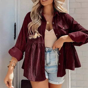 Daisie Mae Wine Corduroy Button Down Ruffle Long Sleeve Shacket - MCM Wholesale