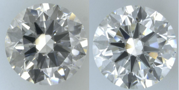 A colorless diamond (left) compared to a near-colorless diamond (right)