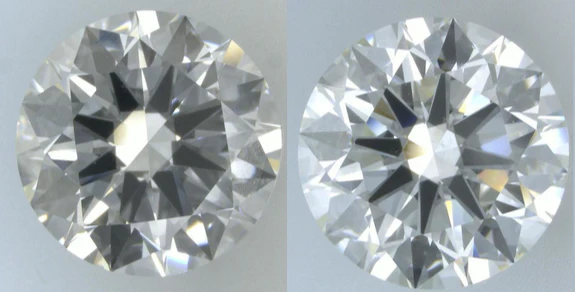 A colorless diamond (left) compared to a near-colorless diamond (right)