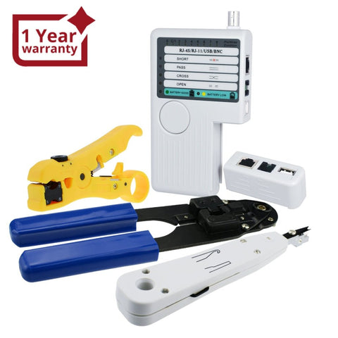 NF-1202 Combo Set Network Cable Tester Tool Kit - Crimping Crimper Tool Punch Down Tool Wire Stripper Cutter, RJ45 RJ11 USB BNC Flat UTP Cat5 Cat6 Coax cable Stripping Universal Tool