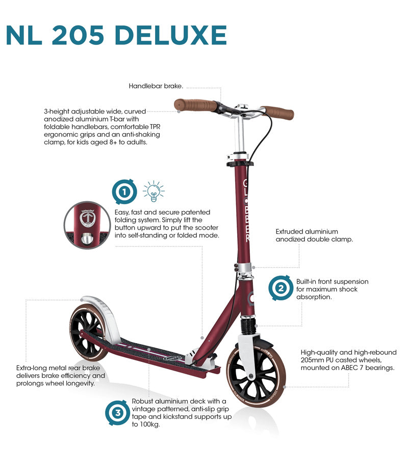 Features of the Globber NL 205 Deluxe kick scooter with handbrakes