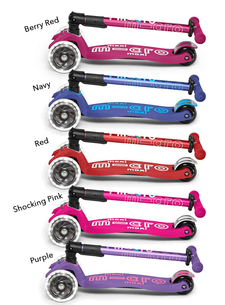 Line up of colours, Maxi Micro Deluxe LED foldable kick scooter