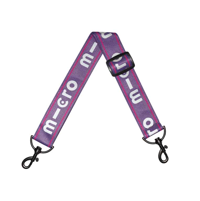 original micro kick scooter carry strap with reflective logo, in purple