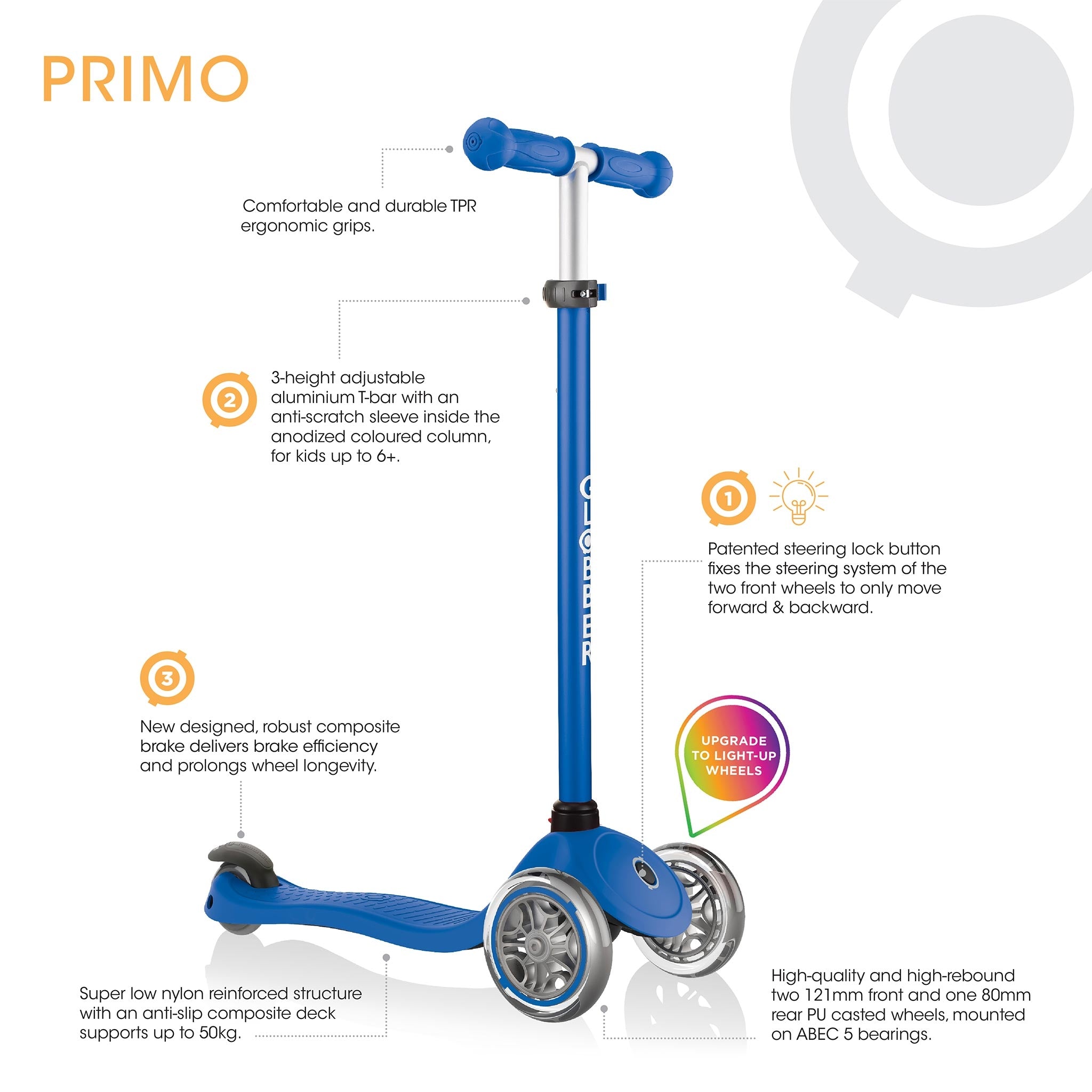 See all the features of the Globber Primo Light kids scooter at a glance
