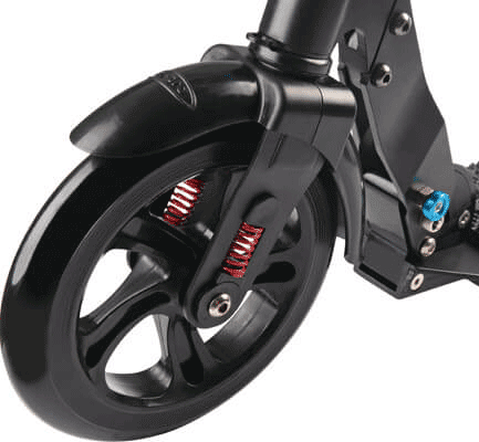 closeup of front shock absorber, micro metropolitan deluxe kick scooter for adults