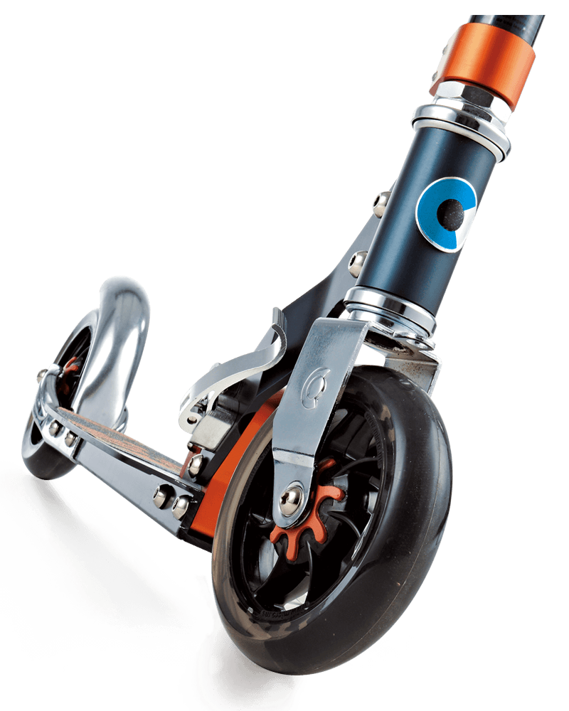 Closeup of front wheel of Micro Speed Plus kick scooter showing suspension core