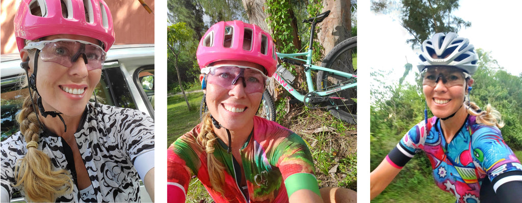 Meganaroon wearing all the different unique colorful cycling kits for her MAD Shredders brand of mountain biking and road apparel