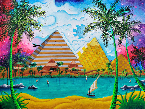 the great pyramids of giza original handmade painting along the nile in pop art style and colors by traveling artist blogger meganaroon