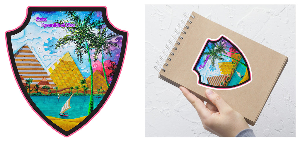 the great pyramids of giza girly pop art badge style stickers by traveling artist blogger meganaroon