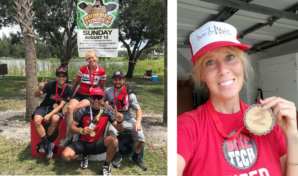 bike shop sponsored mountain biking team showing off their medals at the rumble in the jungle montain bike race at markham park florida