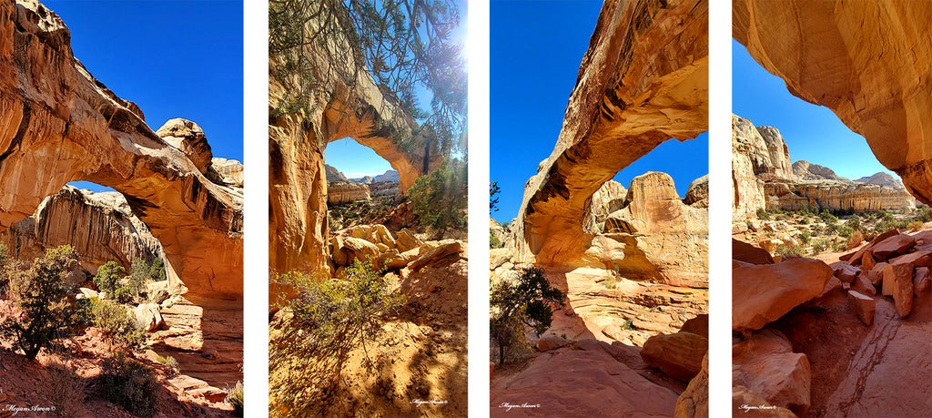 compilation of photos at all angles of hickman bridge arch at capitol reef national park, photos by traveling artist blogger MeganAroon