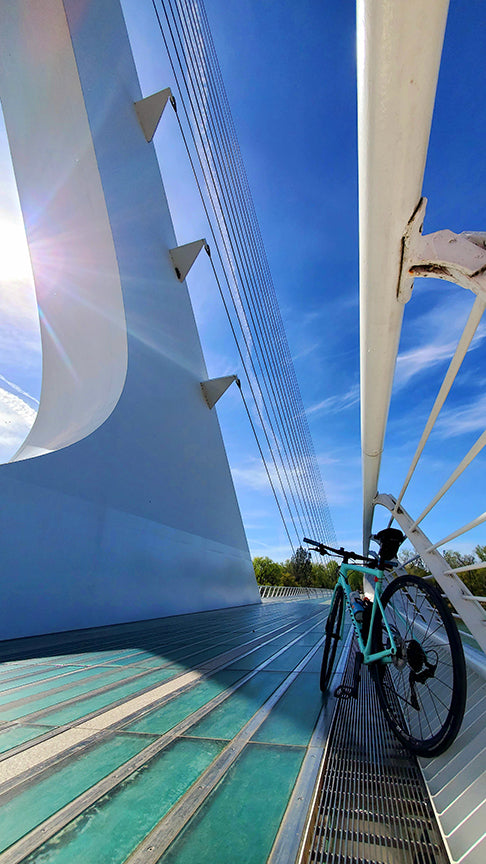 the iconic sun dial bridge with my specialized bike in downtown redding on the sacramento river trail paved bike path