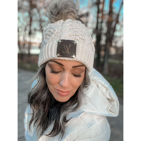 Off white Upcycled repurposed Louis Vuitton pom pom Beanie