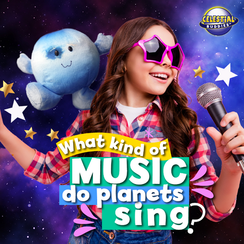 Girl singing into microphone with Neptune Buddy plush planet
