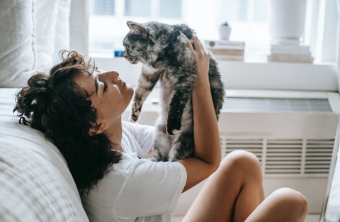 a crazy cat lady picks up a speckled cat on her sofa