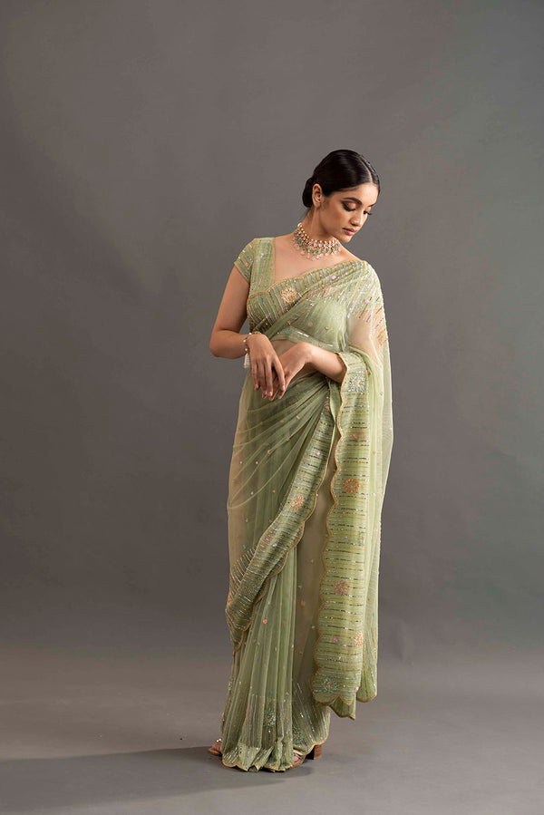 AVRIL SAREE BLOUSE SET - SAGE GREEN – WeaveinIndia