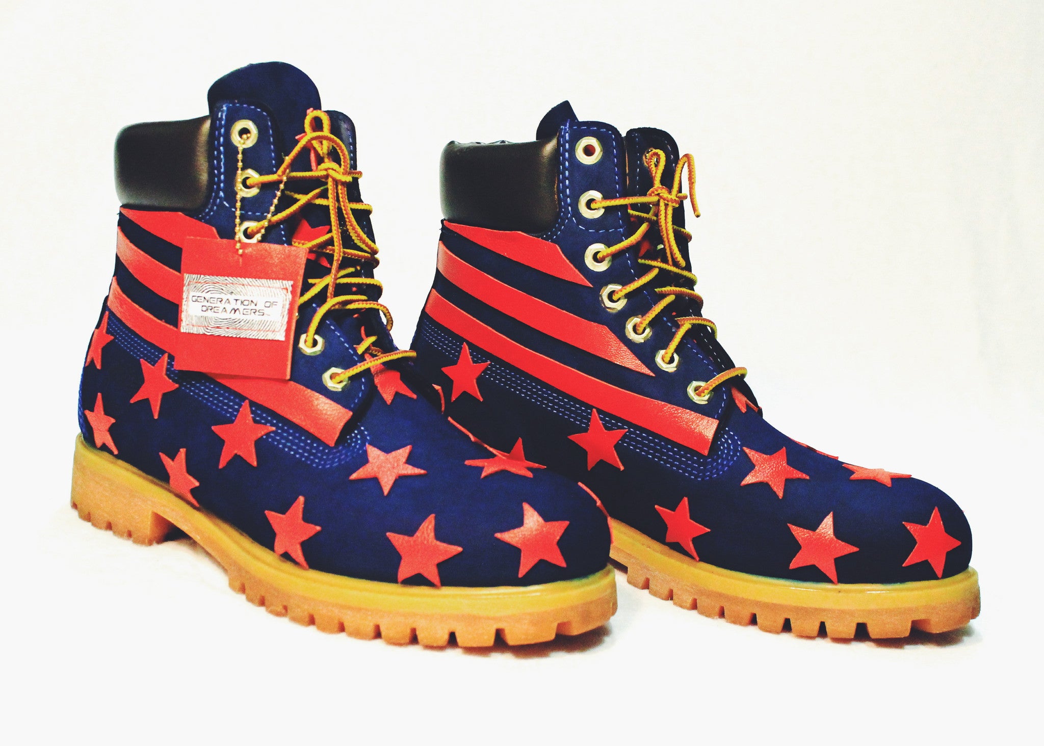 red blue and yellow timberlands