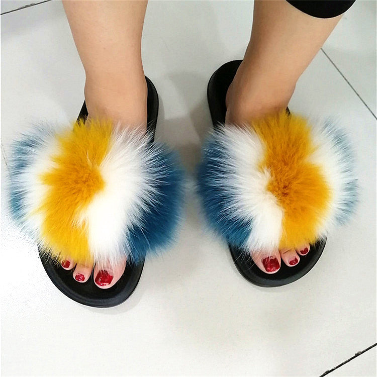 multicolor fur slides