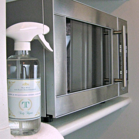 Green Cleaning your microwave with Tidy Thyme Plant Based Natural Home and Cleaning Glass & Stainless Steel Cleaner