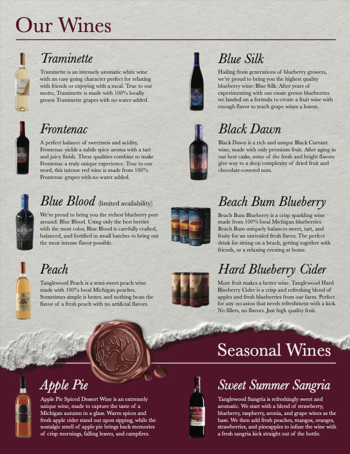 Our Wines Flyer that lists Tanglewood wines and their descriptions