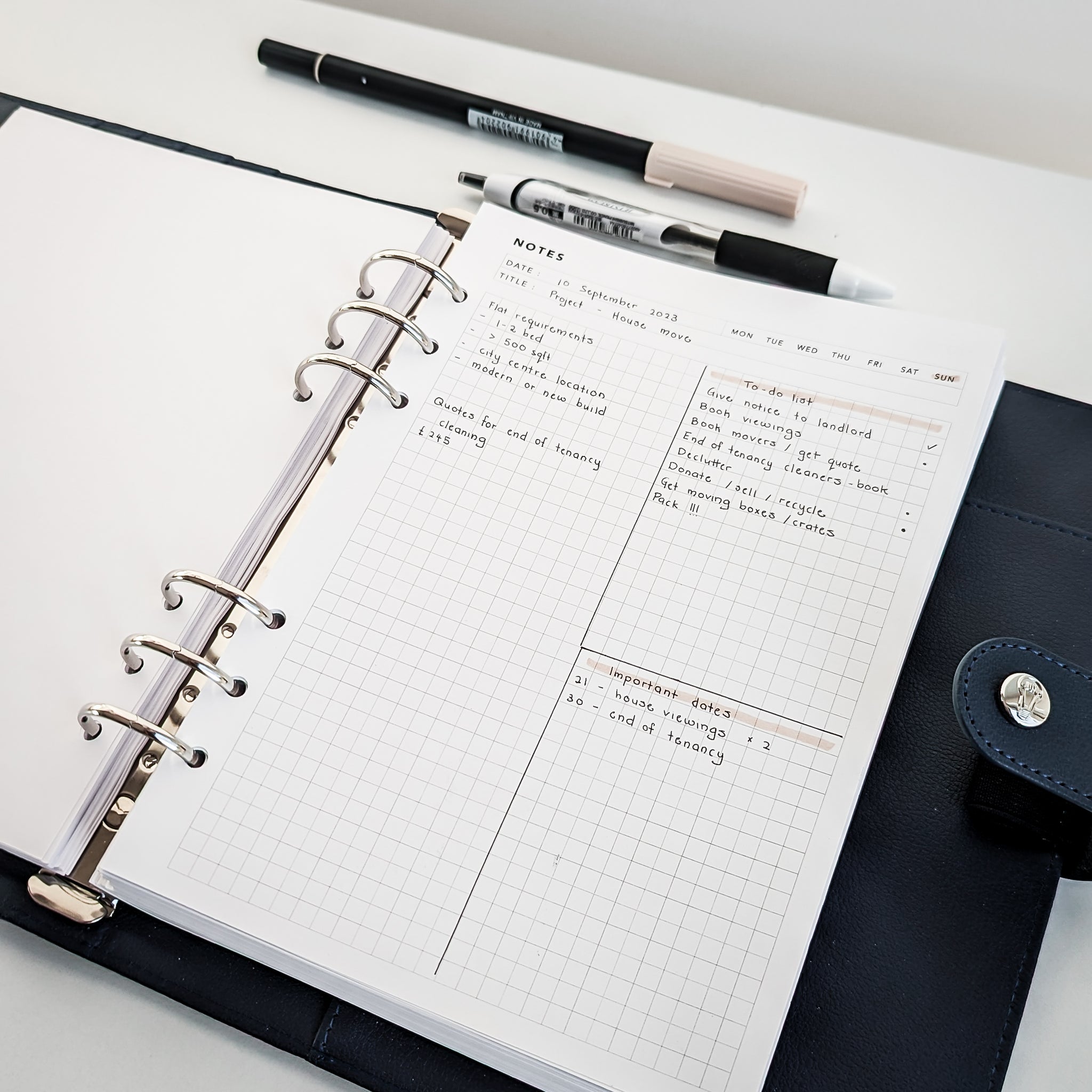 Grid notes page as a project planner