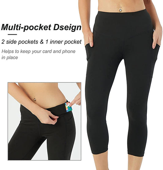 2 Pack Capri Leggings for Women with Pockets-High Waisted Tummy Control  Black Workout Gym Yoga Pants