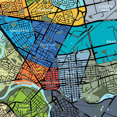 brantford map neighbourhoods print ontario