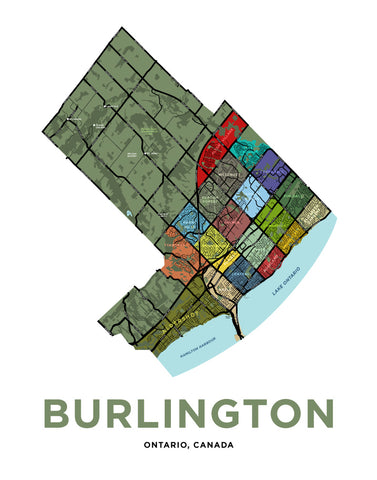 Burlington Neighbourhoods Map Jelly Brothers   Burlington Full VersionE 11x14 Large 