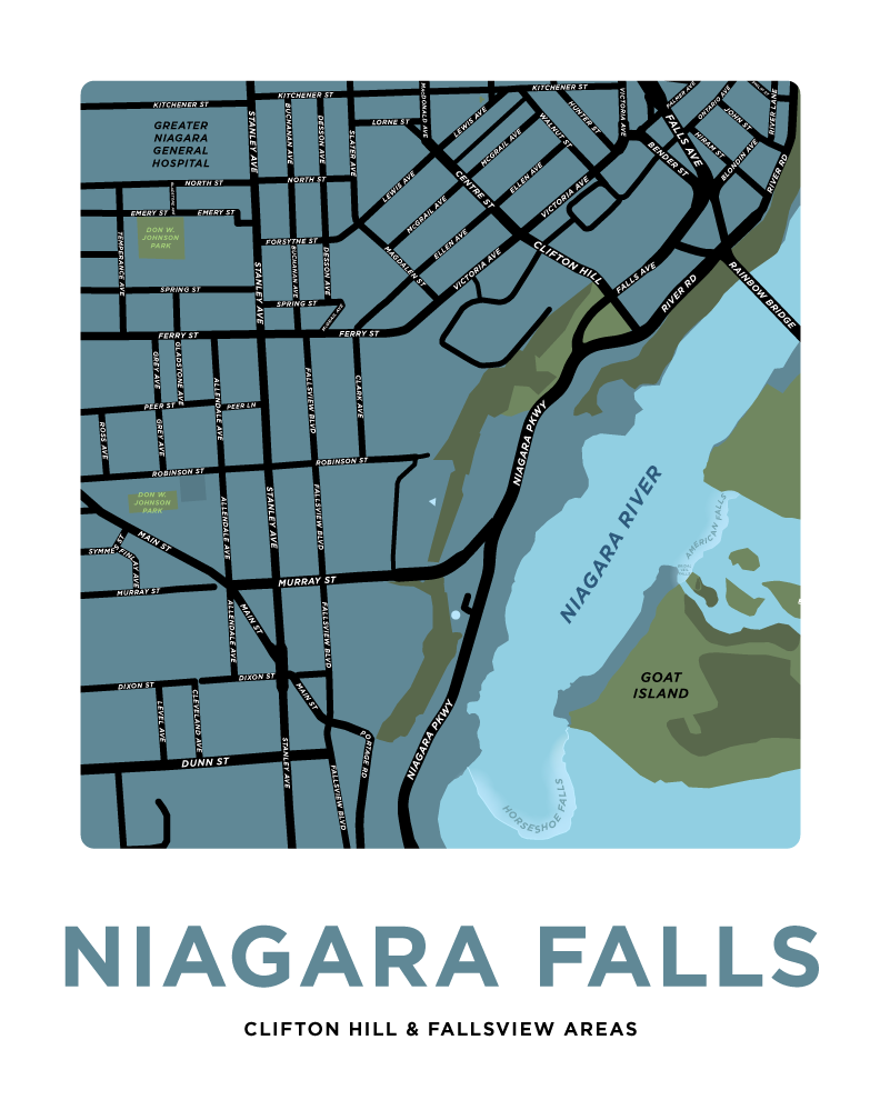 Niagara Falls Clifton Hill Fallsview Areas Map Print Jelly Brothers   NiagaraFallsClifton 