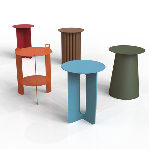 Some fun side tables from the Leonardo – Tables by Design collection: (Back Left: Hilton Side Table in Ruby – Front Left: Corin Side Table in Leonardo Orange – Back Middle: Tubular Side Table in Brown Olive – Front Middle: Silhouette Side Table in Skylark – Right: Cone Side Table in Deep Sage