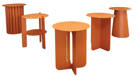 A collection of fun side tables from Leonardo Design crafted from mild steel with a Ferrugrain powder-coat finish for protection and easy maintenance.  Left to Right: The Tubular Side Table, The Olive Side Table, The Silhouette Side Table, The Hilton Side Table, The Cone Side Table.