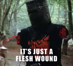 Meme of The Black Knight from Monty Python's Holy grail saying it's just a flesh wound