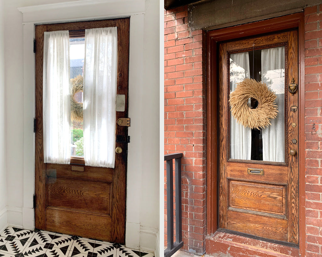 Sheer custom Hemme window treatment on front door.