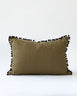 Pom pom olive green linen lumbar pillow.