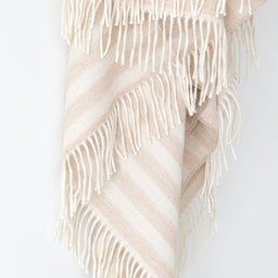 Close up detail of Alpaca wool beige and cream throw with tassels 