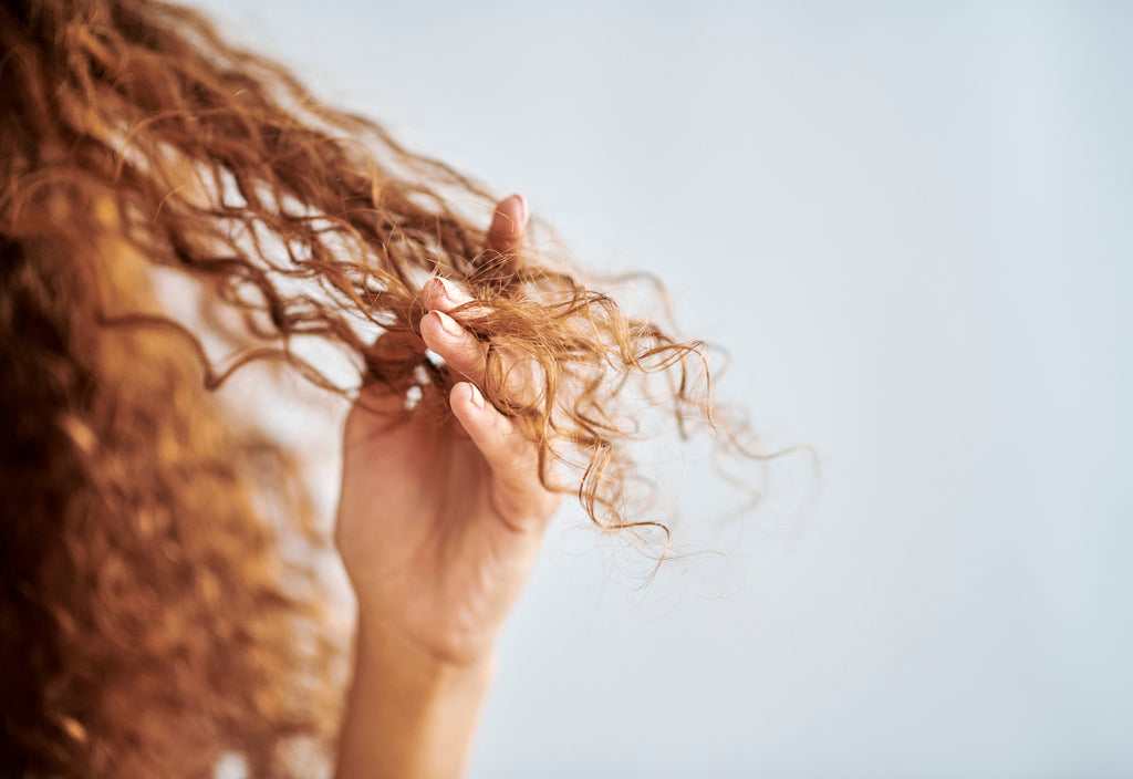 Chica sujetando un mechón de su pelo