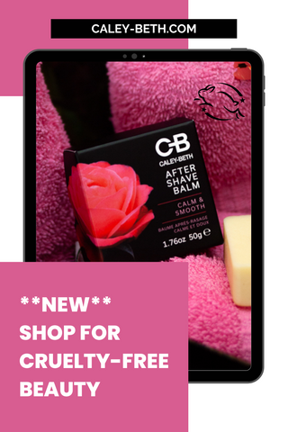 Pinterest Pin with Caley-Beth After Shave Balm viewed inside tablet.  Words in pink block : **new**  Shop for cruelty-free beauty