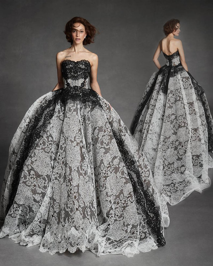 2025 black and white lace wedding gown