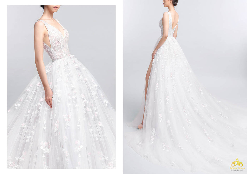 3d floral wedding dress with high slit