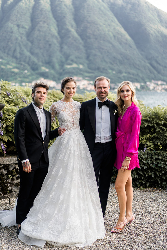 Chiara and Federico Monique Lhuillier lace wedding dress 