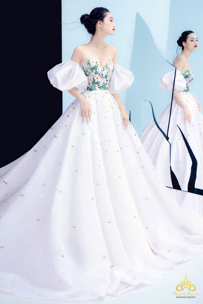 áo cưới haute couture cúp ngực cong tay phồng meera meera