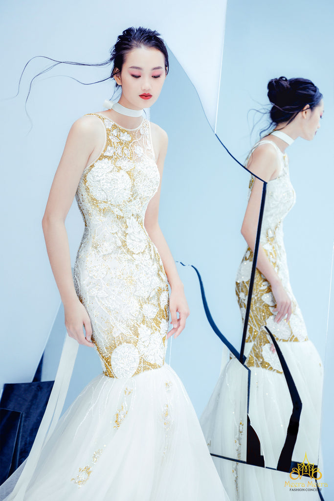 áo cưới haute couture màu vàng đồng