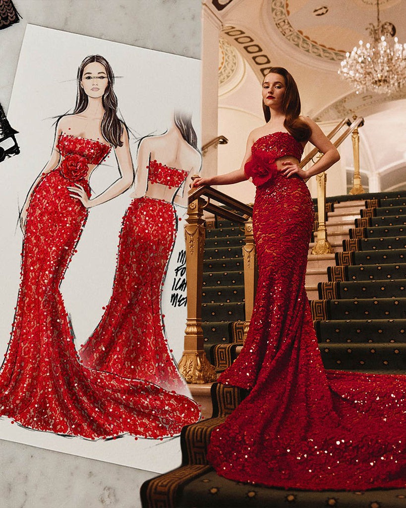 áo cưới met gala màu đỏ đính kết ren