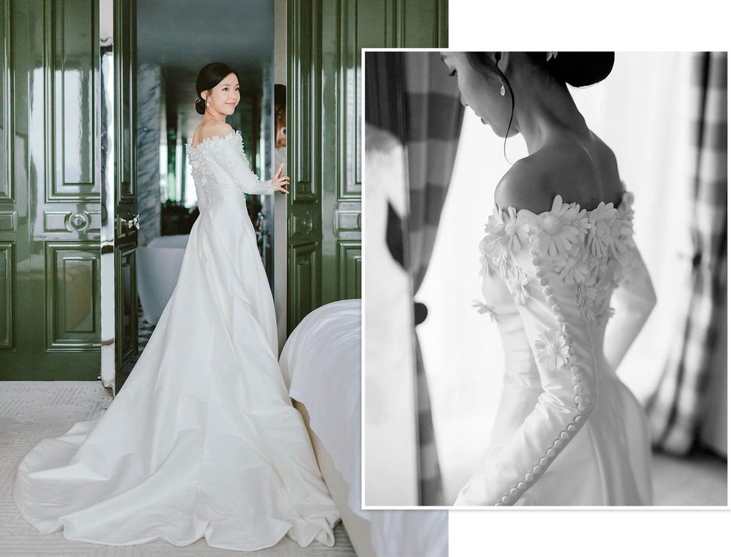 áo cưới satin tay dài đính hoa nổi 3D